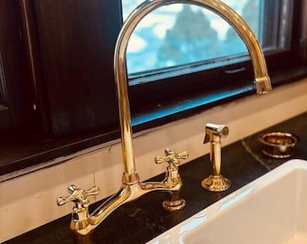 Victorian-Inspired Unlacquered Brass Bridge Faucet, Unlacquered Brass Kitchen Bridge Faucet Vectorian Style with Sprayer