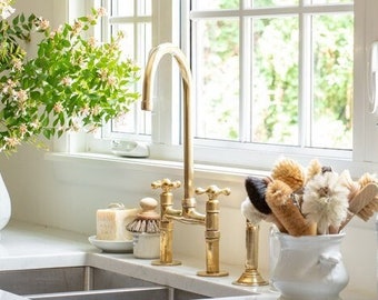 Unlacquered Brass Bridge Faucet, Unlacquered Brass Bridge Faucet with sprayer