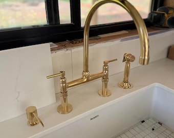 Unlacquered Brass Bridge Faucet with Sprayer
