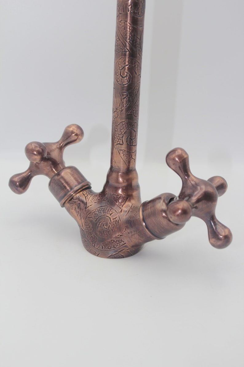 Copper Gooseneck Bathroom Solid Brass Faucet, Copper Etched Single hole Faucet , Kitchen Faucet Bathroom zdjęcie 3