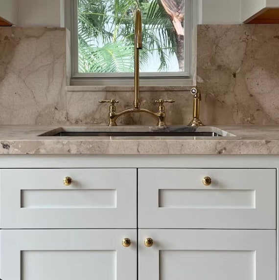 Victorian Style Unlacquered Brass Bridge Kitchen Faucet with Sprayer