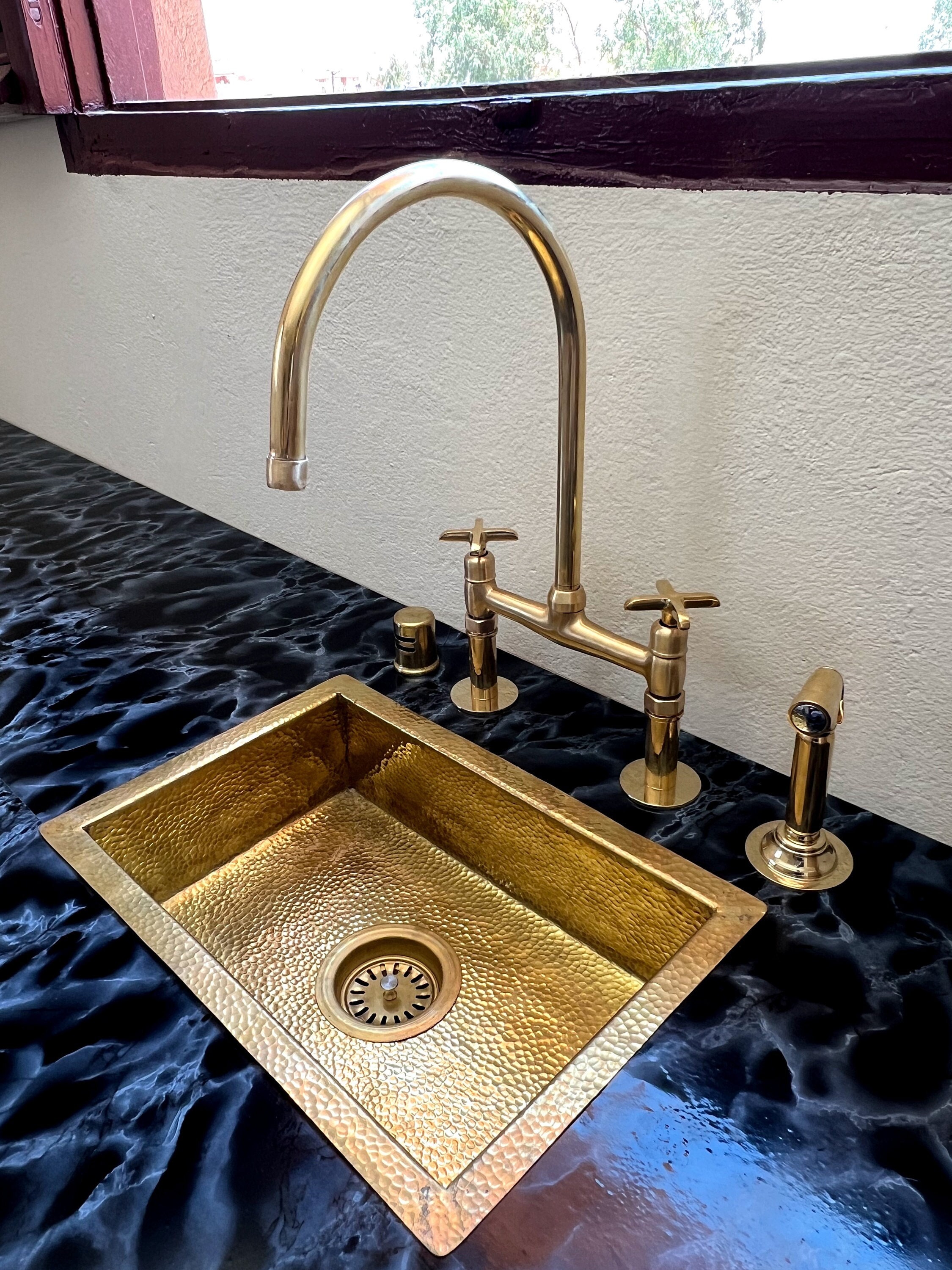 Unlacquered Brass Bridge Kitchen Faucet: Customizable Handles, Linear ...