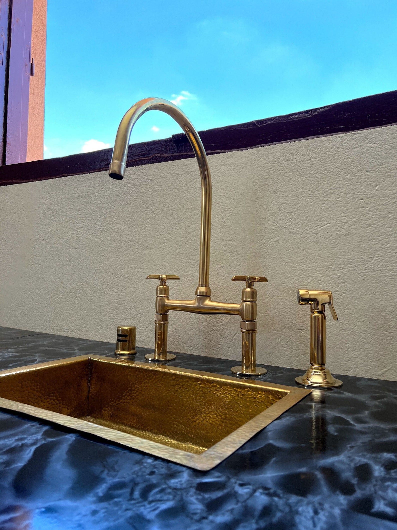 Unlacquered Brass Bridge Kitchen Faucet: Customizable Handles, Linear ...