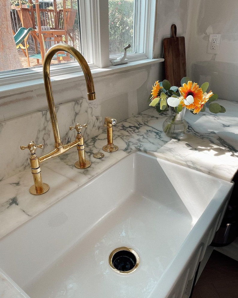 Unlacquered Brass Bridge Kitchen Faucet: Customizable Handles, Linear ...