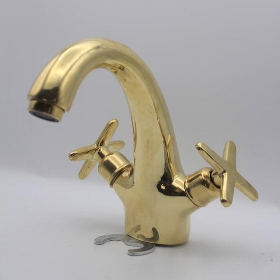 Unlacquerd Vintage Moroccan Solid Brass Faucet with Smooth Centerset Design. Bathroom sink faucet.