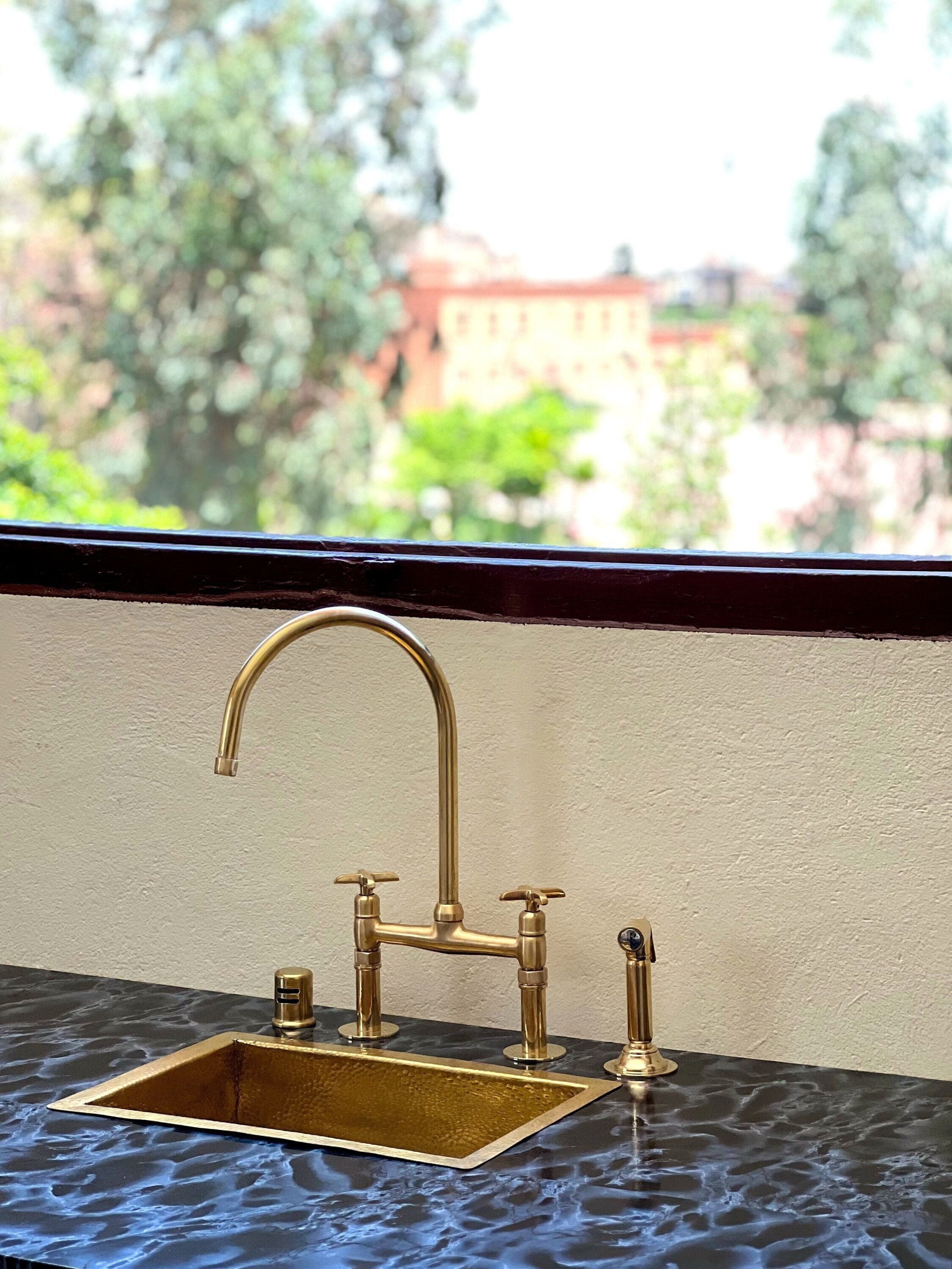 Unlacquered Brass Bridge Kitchen Faucet: Customizable Handles, Linear ...