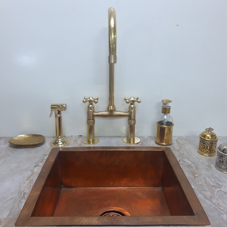 Solid Brass Bridge Kitchen Faucet Straight Legs Unlacquered Etsy