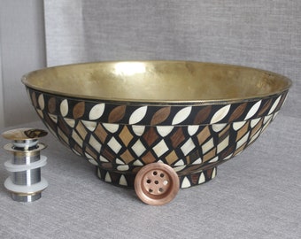Unlacquered Brass Bathroom Basin: Resin & Walnut Wood Inlay