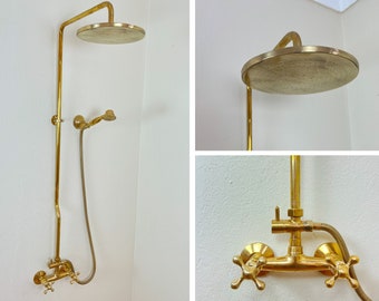 Unlacquered Brass Rainfall Shower System - Elevate Your Daily Ritual ,Solid Brass Exposed shower Head with Handheld,