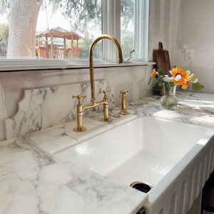 Unlacquered Brass Bridge Kitchen Faucet: Customizable Handles, Linear Legs