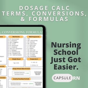 Términos, conversiones y hoja de fórmulas / Cálculos de dosis de enfermería / Hoja de guía de estudio / Escuela de enfermería / Descarga digital