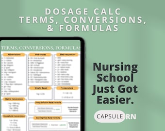 Termini, conversioni e foglio delle formule / Calcoli del dosaggio infermieristico / Foglio guida allo studio / Scuola per infermieri / Download digitale