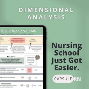 Könnte beinhalten: Ein digitales Tablet zeigt eine Lektion über Dimensionsanalyse, eine einfache Methode zur Lösung mathematischer Umrechnungen. Der Text "Nursing School Just Got Easier." wird auf einem grünen Hintergrund mit dem Logo "CAPSULE RN" angezeigt.