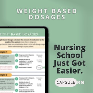 May include: A digital tablet screen displaying a worksheet on weight-based dosages for medication. The worksheet includes examples and a question about how many milliliters of medication a nurse should give a patient. The text "Nursing School Just Got Easier." is displayed on a green background with the logo "CAPSULE RN".