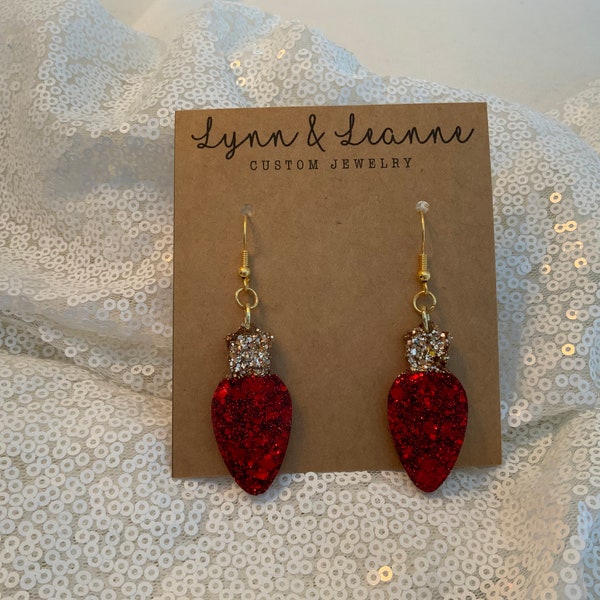 Red Glitter Christmas Bulb Earrings: Resin Holiday Dangles