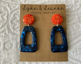 Team Spirit Blue and Orange Glitter resin dangle earrings, Orange And Blue earrings, Sports Jewelry, Florida Gators, Houston Astros