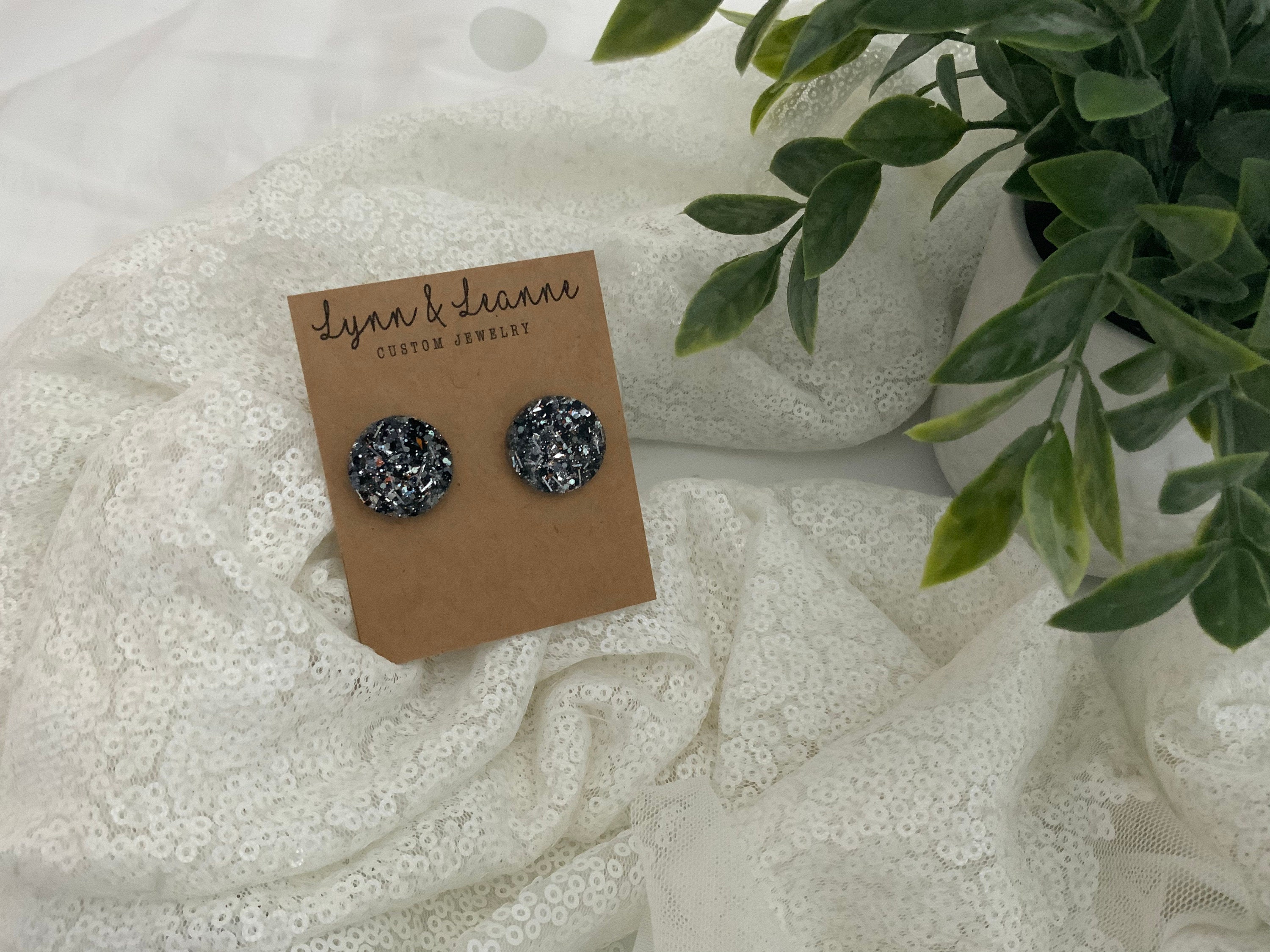 Black and silver round stud Glitter Resin 3/4 inch stud Earrings, Glitter studs, Gifts for Mom, Gifts for teachers, Glitter accessories