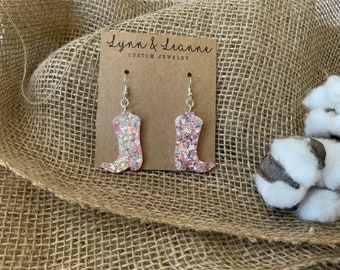 Pink Glitter Cowboy Boot Earrings: Chunky Resin Western Jewelry