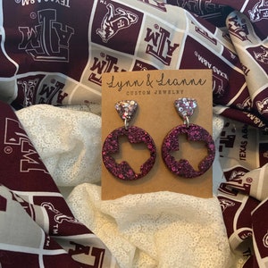 Texas Aggie Earrings: Maroon Glitter Resin Dangle Earrings