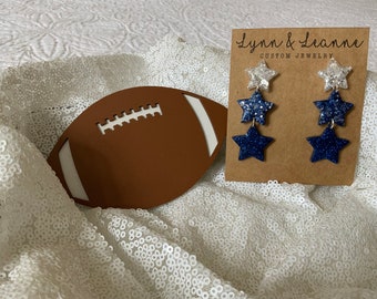 Dallas Cowboy Glitter Star Dangle Earrings: Blue & Silver Resin