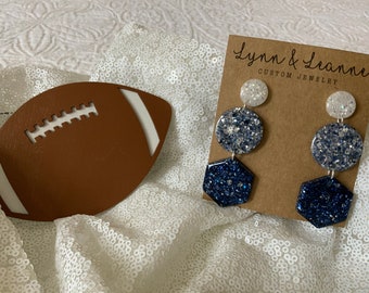 Dallas Cowboy 3 tiered glitter resin dangle earrings, Cowboy Blue and Silver earrings, Cowboy accessories, gift