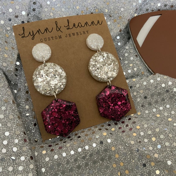 Texas Aggie glitter resin dangle earrings, maroon and white earrings, aggie football accessories, aggie bling, gift for mom, Aggie football