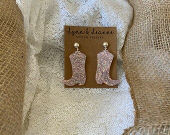 Glitter Cowboy Boot Resin Earrings: Lavender Pink Cowgirl Dangles