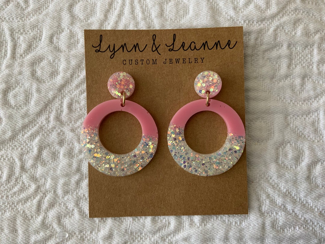 Pink and White Multi Tone Glitter Resin Earrings Dangle - Etsy