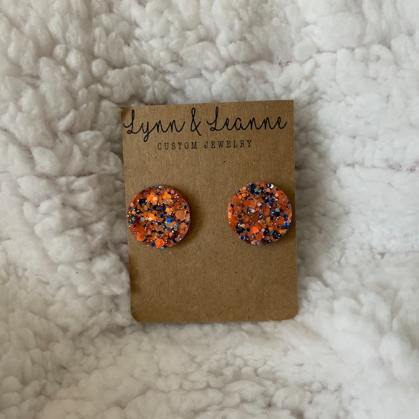 Team Blue and Orange Glitter resin 3/4 inch stud earrings, Orange And Blue earrings, Sports Jewelry, Florida Gators, Houston Astros, Broncos