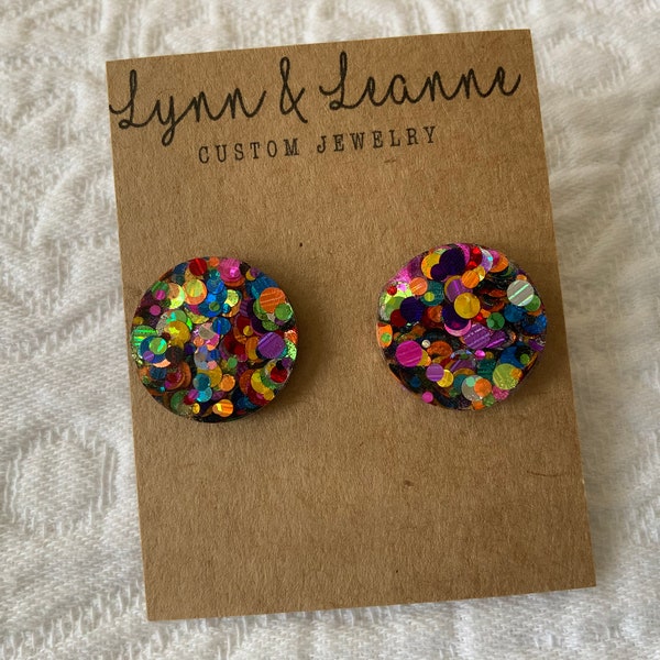 Multi color chunky Glitter Resin 3/4 inch stud Earrings, Gifts for Mom, Gifts for teachers, Glitter accessories
