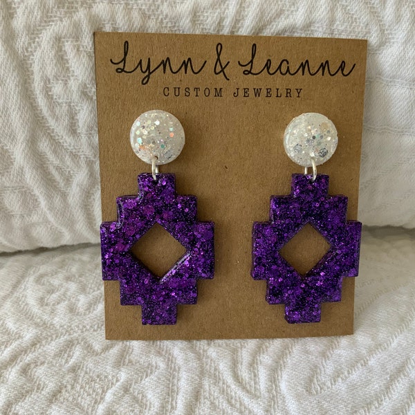 Team Spirit Purple and White glitter resin earrings, Purple and White Earrings, TCU football accessories, KSU Earrings