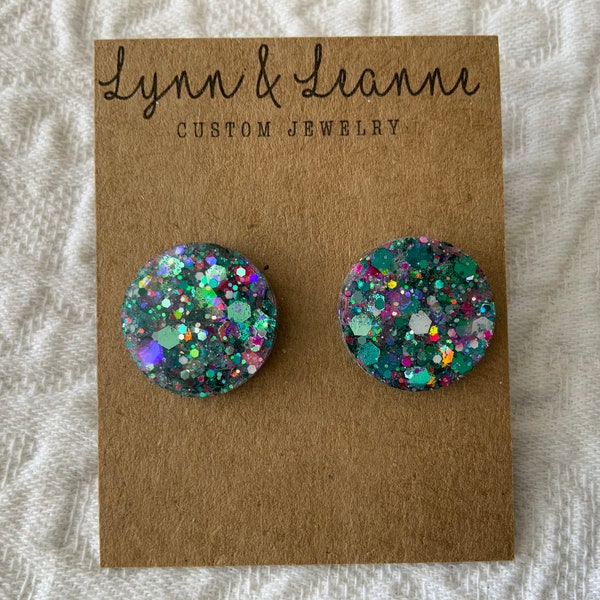 Tropical Glitter Resin Stud Earrings: Handmade Lightweight Accessories 3/4 inch