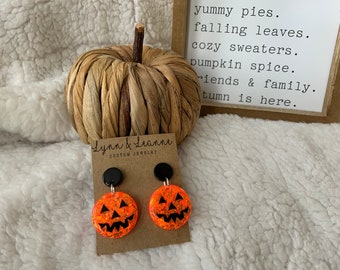 Glow in the Dark Pumpkin Earrings: Glitter Resin Dangle, Halloween Accessories