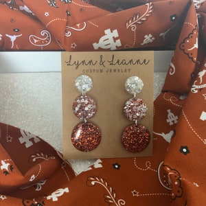 Texas Longhorn glitter resin dangle earrings, burnt orange and white earrings, longhorn football accessories,longhorn bling, gift for mom, l