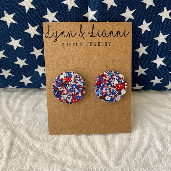 Red White and Blue glitter 3/4 inch Stud Resin Earrings , Stud Earrings, 4th of July earrings, Team Red White and Blue, Team Sports earrings