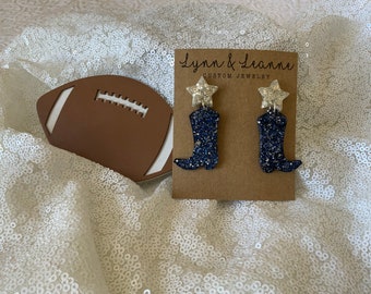 Dallas Cowboy 1 1/2 inch Boot and Star resin dangle earrings, Cowboy Blue and Silver earrings, Cowboy accessories, gift