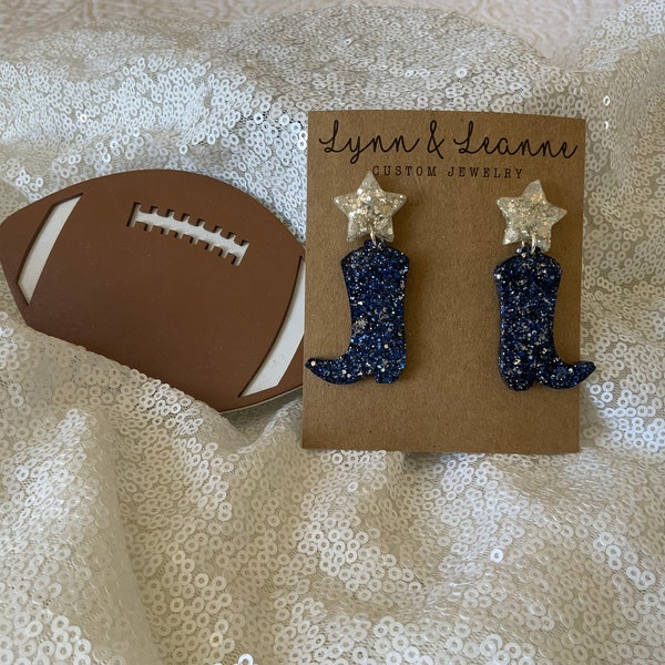 Dallas Cowboy 1 1/2 inch Boot and Star resin dangle earrings, Cowboy Blue and Silver earrings, Cowboy accessories, gift