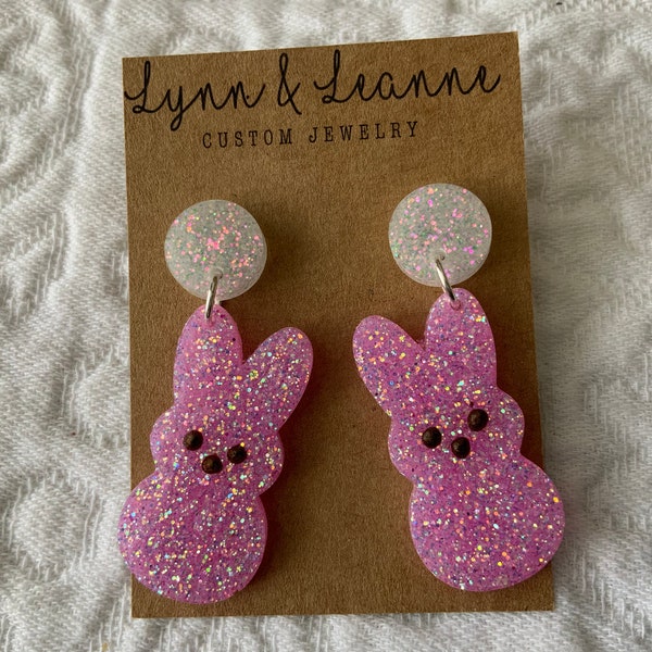 Peeps large light pink glitter Resin Earrings, Dangle Earrings, Easter earrings,Gifts for Mom, Gifts for teachers, Glitter accessories