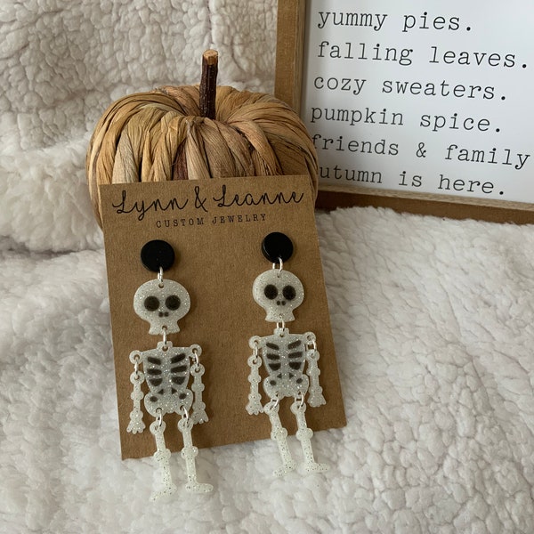 Skeleton Glow in the Dark Glitter dangle resin earrings, UV activated glitter Halloween Earrings, Gifts for teachers, Glitter accessories