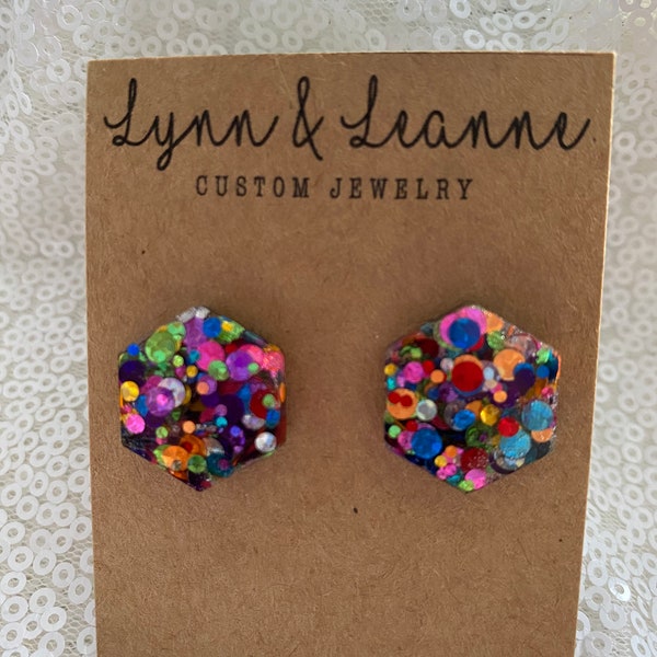 Hexagon Multi color chunky Glitter Resin 3/4 inch stud Earrings, Gifts for Mom, Gifts for teachers, Glitter accessories