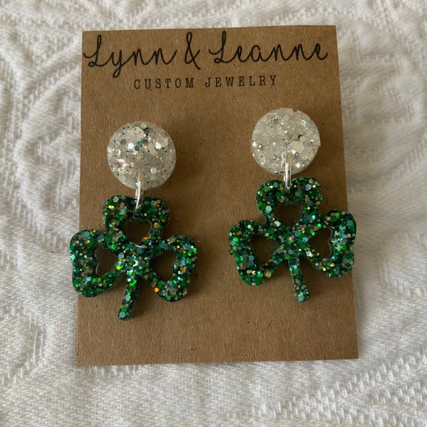 Green Shamrock chunky Glitter Resin Earrings, Dangle Earrings, St. Patrick’s Day Earrings, Gifts for teachers, Glitter accessories
