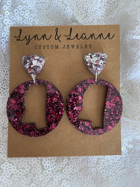 Mississippi State Glitter Resin Dangle Earrings Maroon and White Earrings Bulldog Football Accessories Mississippi Football Etsy