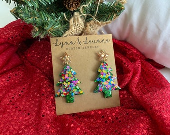 Christmas Tree chunky Glitter Resin Earrings, Christmas Dangle Earrings, Gifts for Mom, Gifts for teachers, Glitter accessories