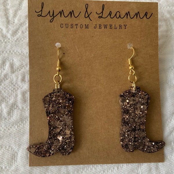 Brown Multi Blend Cowboy Boot Glitter Resin Earrings on hook, 1 1/2 inch cowboy boot Dangle Earrings, Bling cowgirl, Glitter accessories