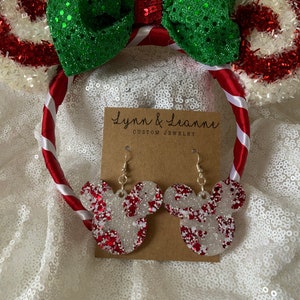 Magical Mouse Jumbo Candy cane and crystal Christmas dangle earrings, Christmas trip to Disney, Disney Vacation earrings, magical earrings