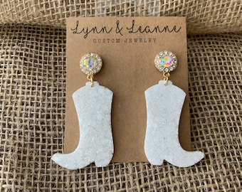 Rhinestone White Cowboy Boot Earrings: Glitter Resin Dangle
