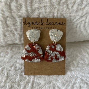 Texas Longhorn glitter resin dangle earrings, burnt orange and white earrings, longhorn football accessories, Longhorn bling