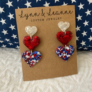 Red White Blue Glitter Heart Dangle Resin Earrings