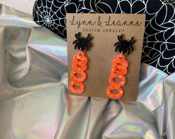 BOO Orange Glow in the Dark Glitter and Spider dangle resin earrings, UV activated glitter Halloween Earrings, Glitter accessories