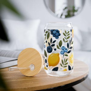 Blueberry Lemon Glass Can Cup, 16oz Iced Coffee Tumbler with Bamboo Lid & Glass Straw, summer Glass, Summer Beverage, Tropical Vibes, trend